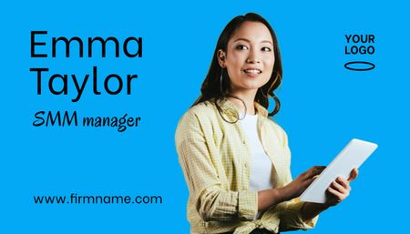 SMM Manager Service Offer with Woman using Tablet Business Card US – шаблон для дизайна
