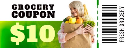 Cheerful Woman with Grocery Package Coupon Design Template