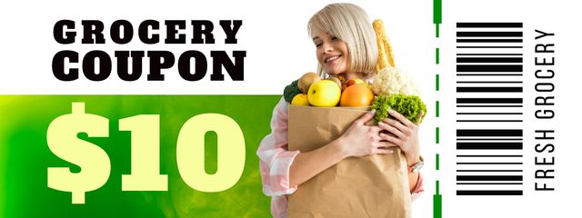 Cheerful Woman with Grocery Package Coupon Modelo de Design