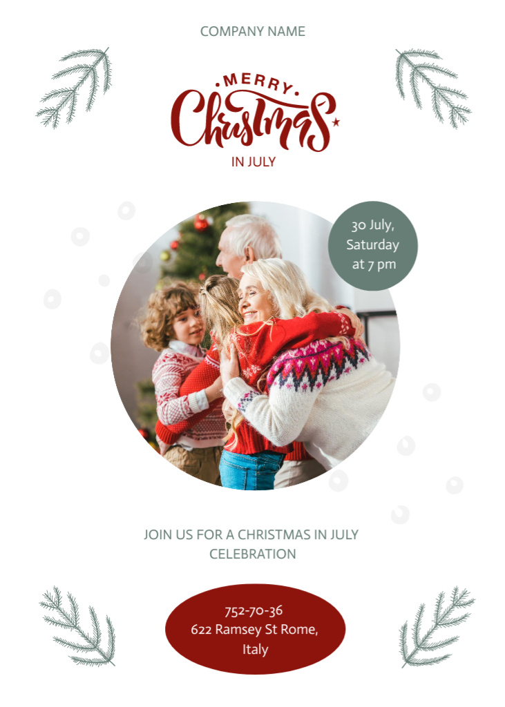 Merry Christmas in July with Family at Christmas Tree Flayer Design Template