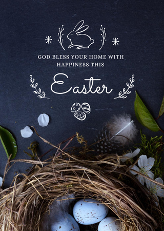 Easter Greeting With Eggs In Blue Postcard A6 Vertical Design Template