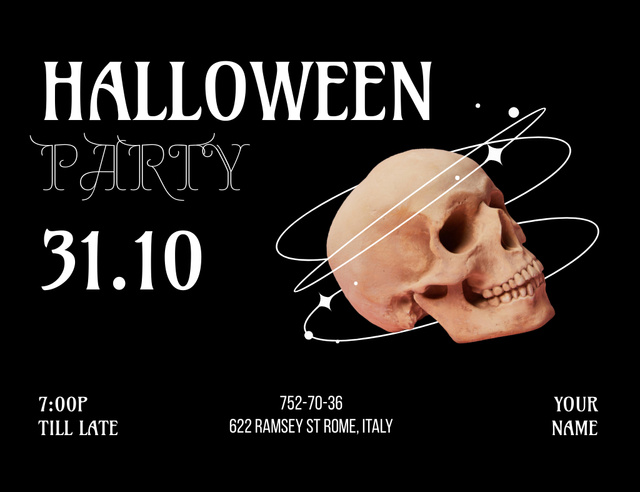 Platilla de diseño Mystic Halloween Party With Skull In Black Invitation 13.9x10.7cm Horizontal