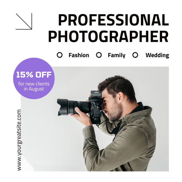 Szablon projektu Qualified Photographer Services For Occasions With Discount Animated Post