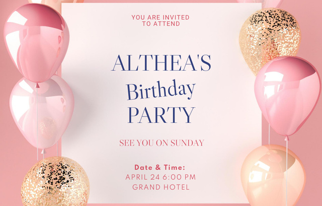 Designvorlage Birthday Party Celebration with Shiny Balloons für Invitation 4.6x7.2in Horizontal