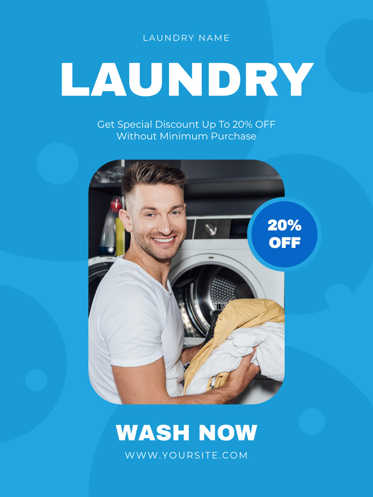 Laundry Service Offer with Smiling Young Man Poster USデザインテンプレート