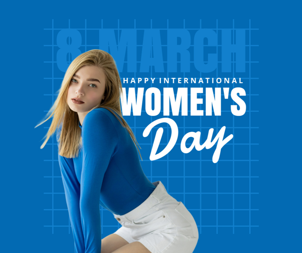 Woman in Stylish Blue Outfit on International Women's Day Facebook Modelo de Design