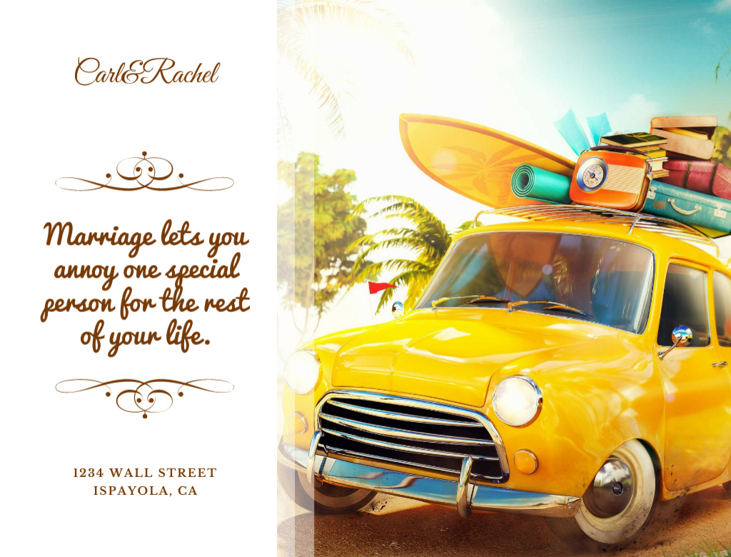 Plantilla de diseño de Wisdom About Marriage With Vintage Car Postcard 4.2x5.5in 