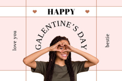 Galentine's Day Greeting with Smiling Woman Showing Heart