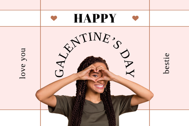 Designvorlage Galentine's Day Greeting with Smiling Woman Showing Heart für Postcard 4x6in