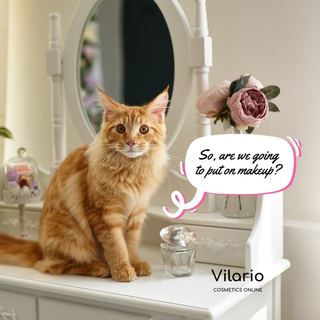 Beauty Ad with Cute Cat sitting on Dressing Table Instagram tervezősablon