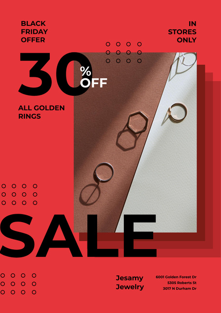 Jewelry Sale with Shiny Rings in Red Poster Design Template