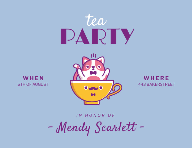 Tea Party Announcement With Cat And Cup Invitation 13.9x10.7cm Horizontal Šablona návrhu