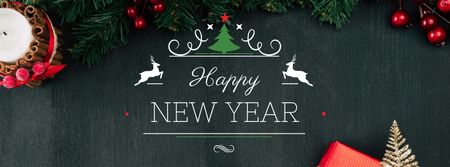 New Year Greeting with Decorations on Fir Tree Facebook cover Tasarım Şablonu