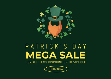 St. Patrick's Day Mega Sale Announcement with Redbeard Man Card Design Template