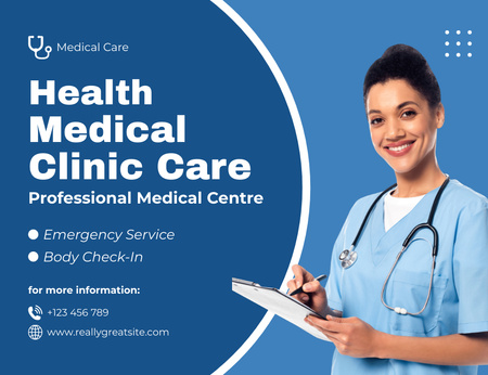 Healthcare Clinic Services with Friendly Doctor Thank You Card 5.5x4in Horizontal Design Template