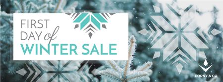 Modèle de visuel First Winter Day Sale with Tree Covered in Snow - Facebook cover
