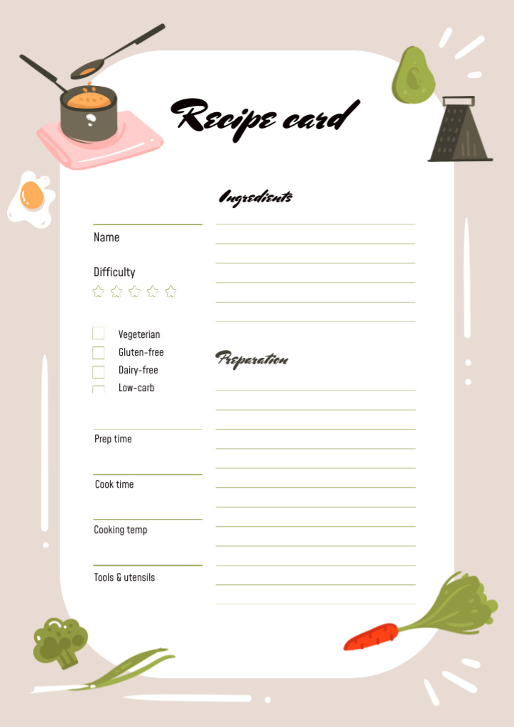 Recipe Card with Cooking Ingredients Schedule Planner Tasarım Şablonu