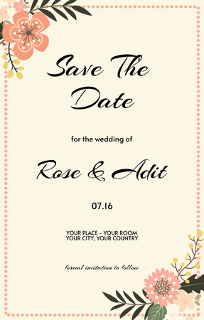 Neutral Peach Wedding in Floral Frame Invitation 4.6x7.2inデザインテンプレート
