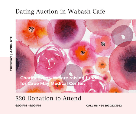 Dating Auction announcement on pink watercolor Flowers Facebook Design Template