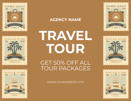Travel Tour Offer with Vintage Postal Stamps on Brown Thank You Card 5.5x4in Horizontal Design Template