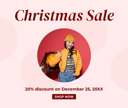 Christmas Sale Ad with Woman Holding Shopping Bags Facebook Design Template
