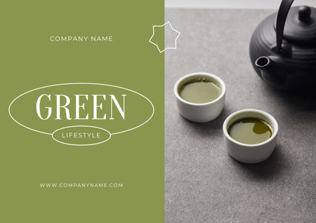 Designvorlage Black Teapot and White Cups with Matcha Tea für Poster A2 Horizontal