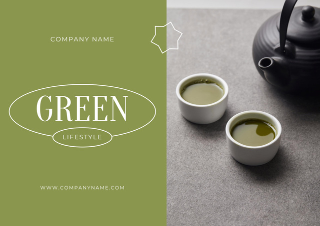Designvorlage Black Teapot and White Cups with Matcha Tea für Poster A2 Horizontal