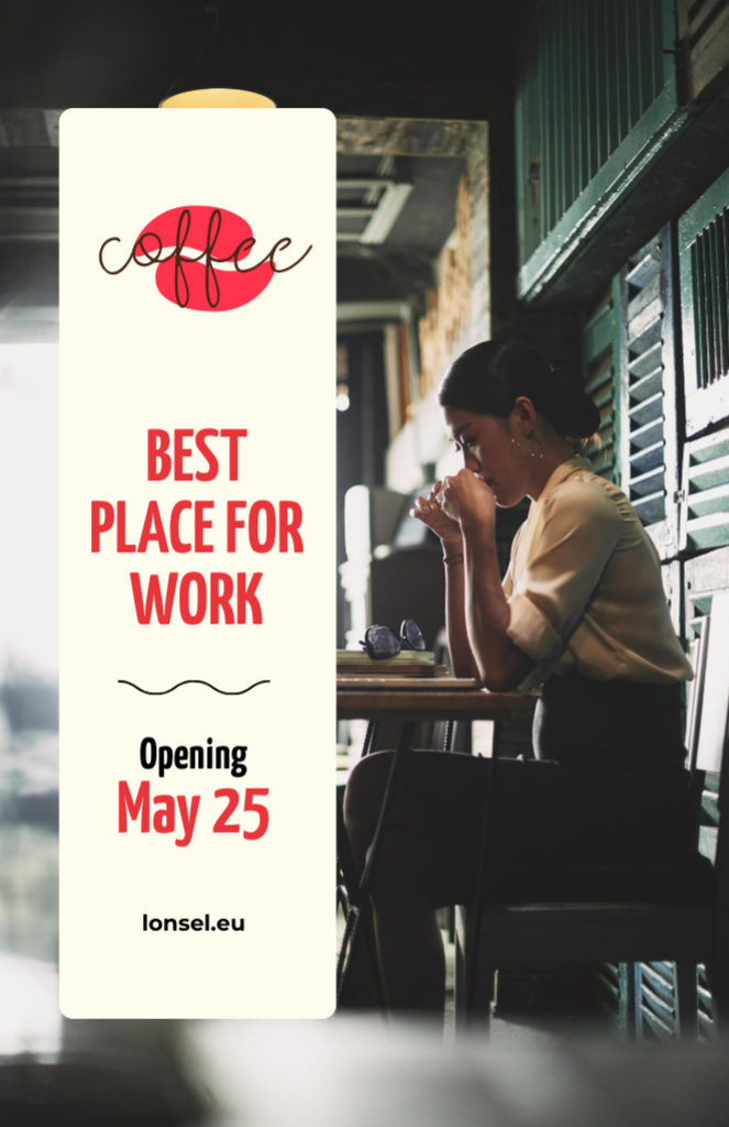 Ad of Best Places for Work with Woman sitting in Cafe Flyer 5.5x8.5in Design Template