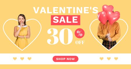 Valentine's Day Sale Announcement with Beautiful Couple in Love in Yellow Facebook AD Design Template