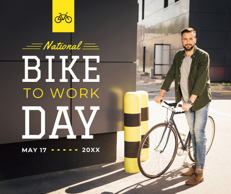 Szablon projektu Mężczyzna z bicyklem w mieście na rowerze dzień pracy Facebook