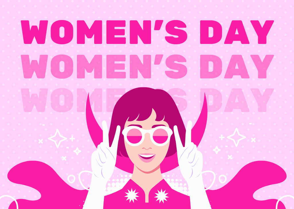 Women's Day Announcement with Woman in Cute Sunglasses Card Modelo de Design