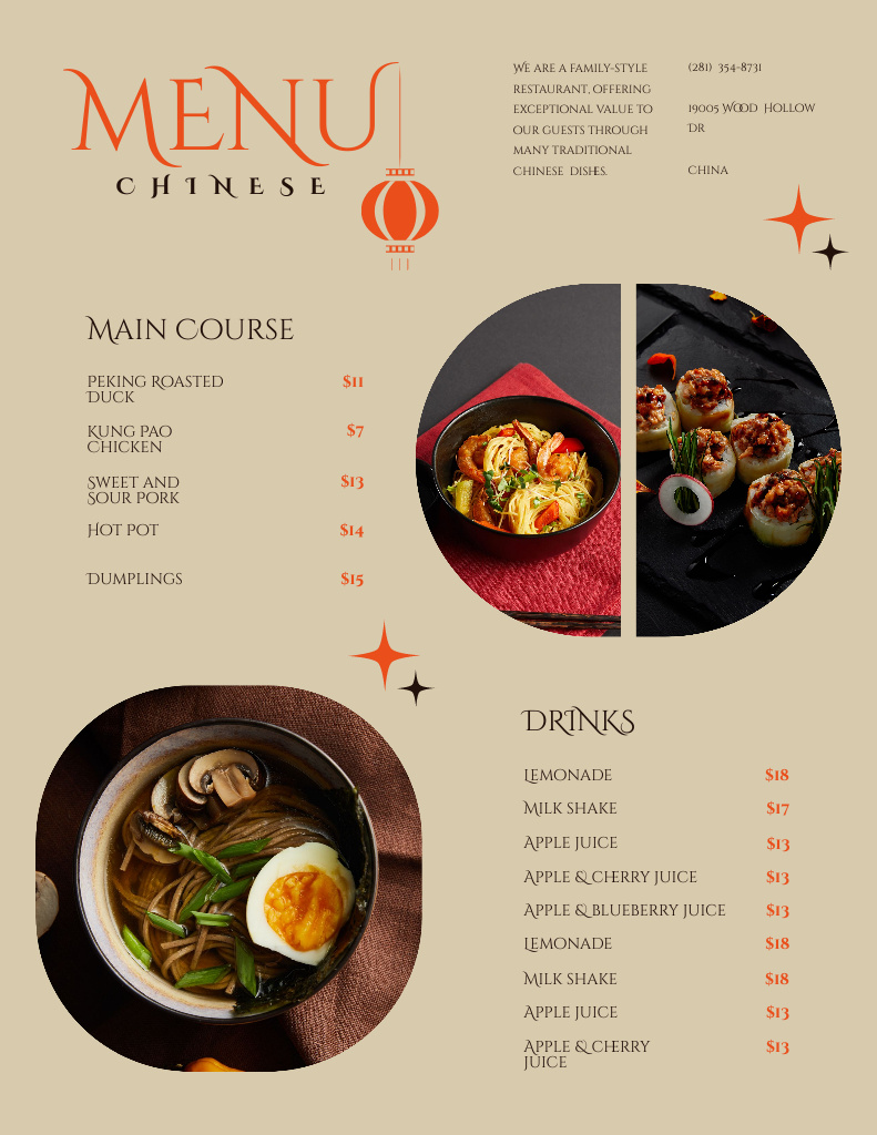 Offering Appetizing Chinese Dishes with Beautiful Presentation Menu 8.5x11in Tasarım Şablonu