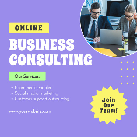 Online üzleti tanácsadás szolgáltatásai lila színben LinkedIn post tervezősablon