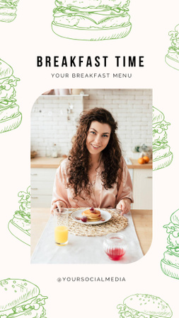 Ontwerpsjabloon van Instagram Story van vrouw die pannenkoeken eet op het ontbijt