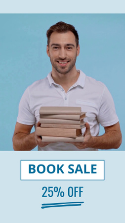 Modèle de visuel Annonce de vente de livres avec un bel homme tenant une pile de livres - Instagram Video Story