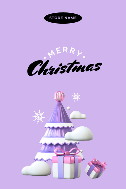 Christmas Cheers with Festive Tree and Presents in Violet Postcard 4x6in Vertical Design Template