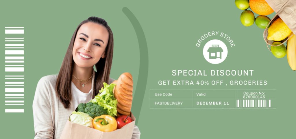 Woman Holding Paper Bag With Groceries Coupon Din Large Πρότυπο σχεδίασης