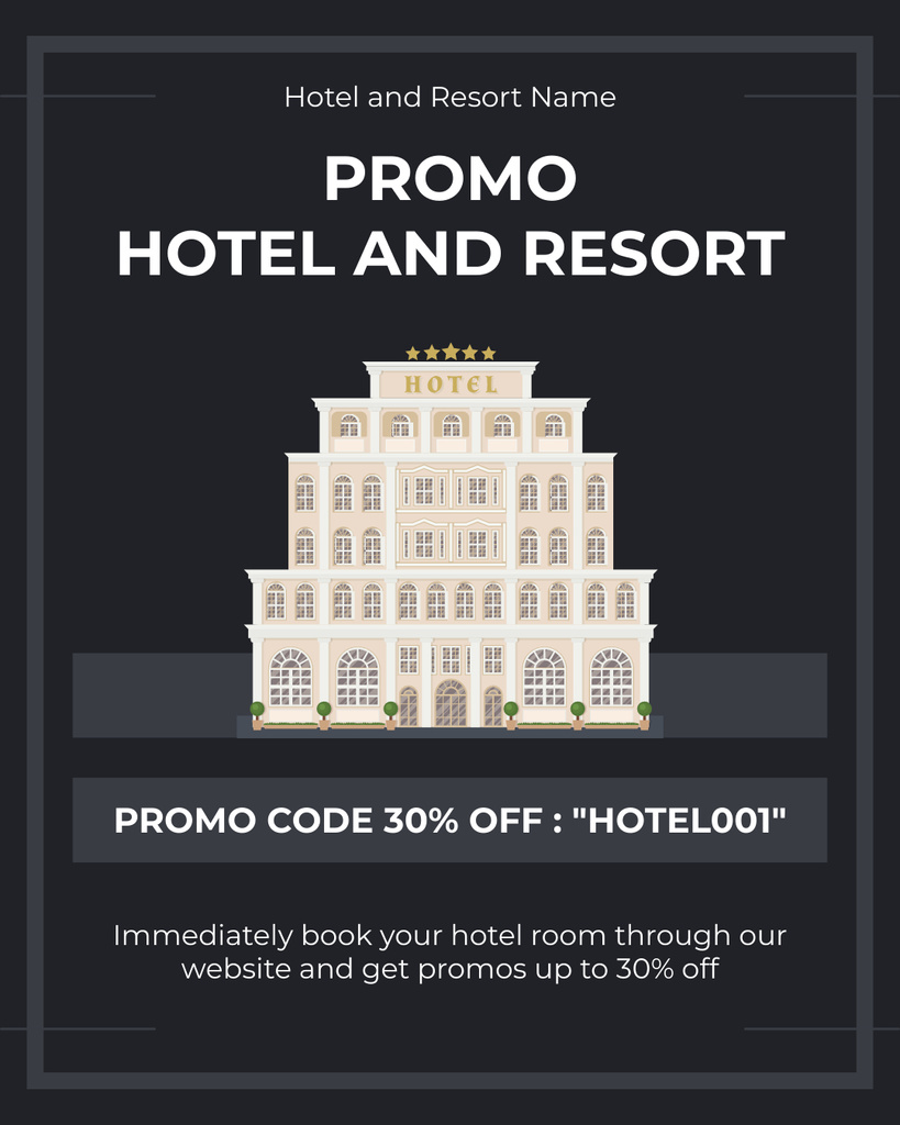Promo Code Offers with Illustration of Hotel Instagram Post Vertical Tasarım Şablonu