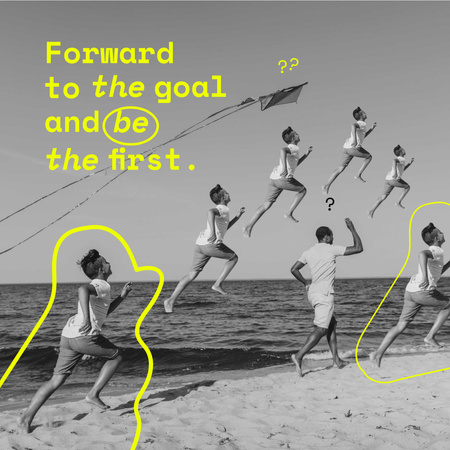 Designvorlage Inspirierende Phrase mit dem Jungen, der Drachen am Strand nachläuft für Instagram
