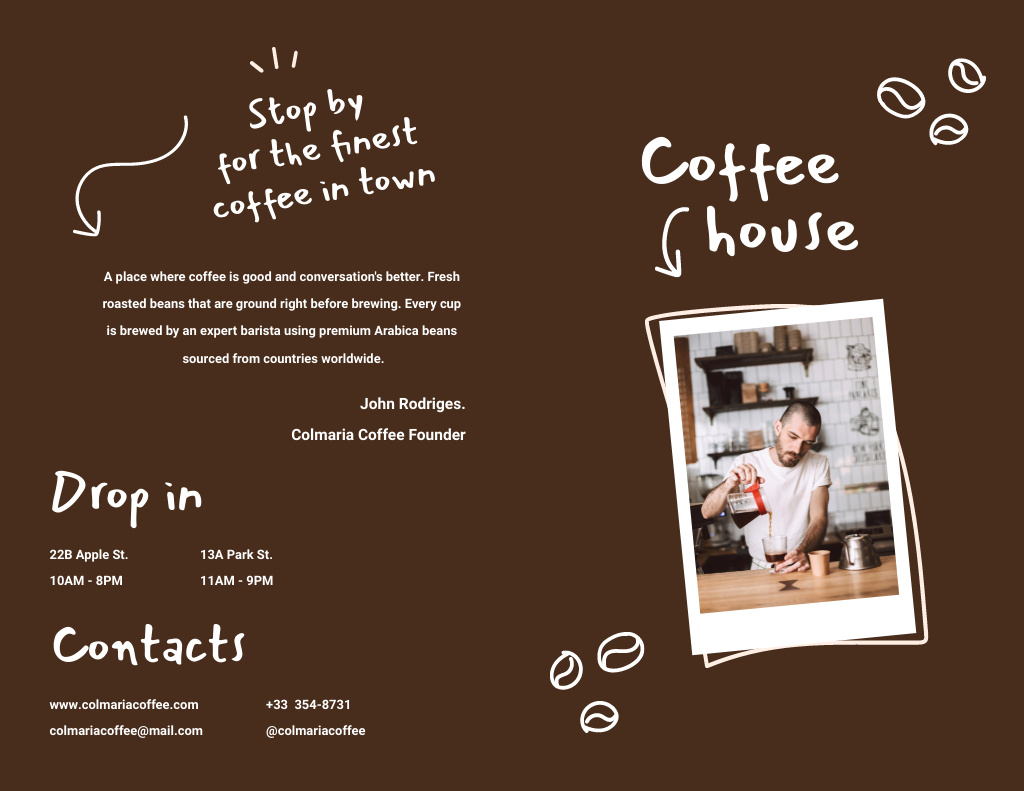 Cozy Coffee House Promotion with Barista Brochure 8.5x11in Bi-foldデザインテンプレート