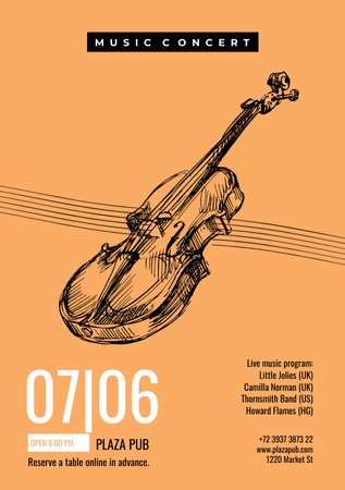 Classical Music Concert Violin Sketch Flyer A5 Design Template