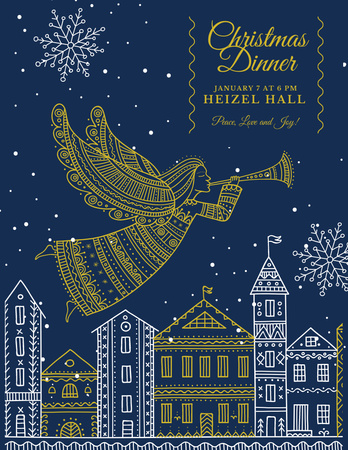 Christmas Dinner Invitation with Angel Flying over City Poster 8.5x11in Design Template