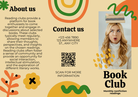 Designvorlage Readers Club-Werbung mit Frau mit Buch auf dem Kopf für Brochure