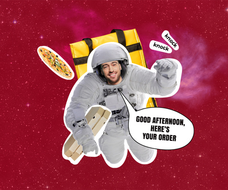 Ontwerpsjabloon van Large Rectangle van Funny Astronaut Delivery Man with Pizza