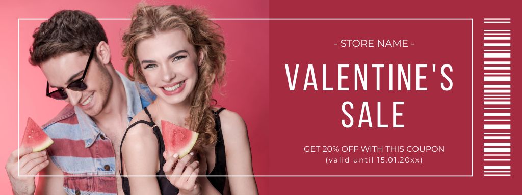 Designvorlage Valentine's Day Discount Voucher with Beautiful Couple Eating Watermelon für Coupon
