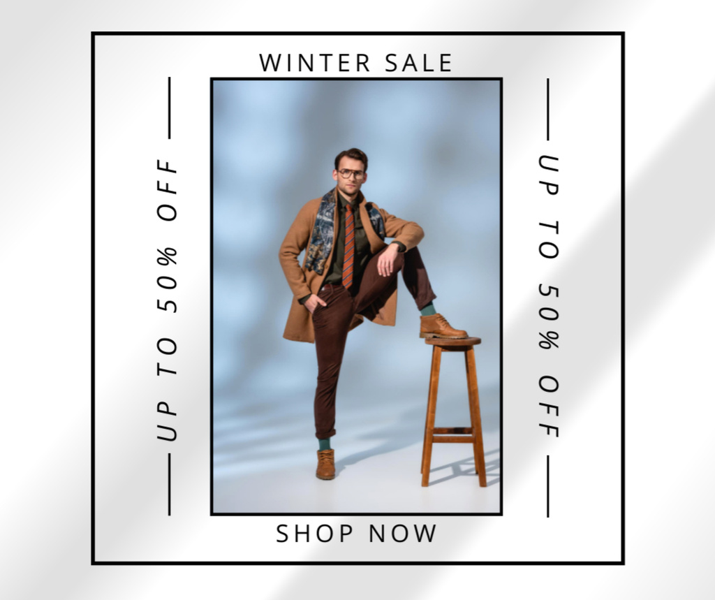 Ontwerpsjabloon van Facebook van Winter Sale Announcement with Stylish Man in Coat