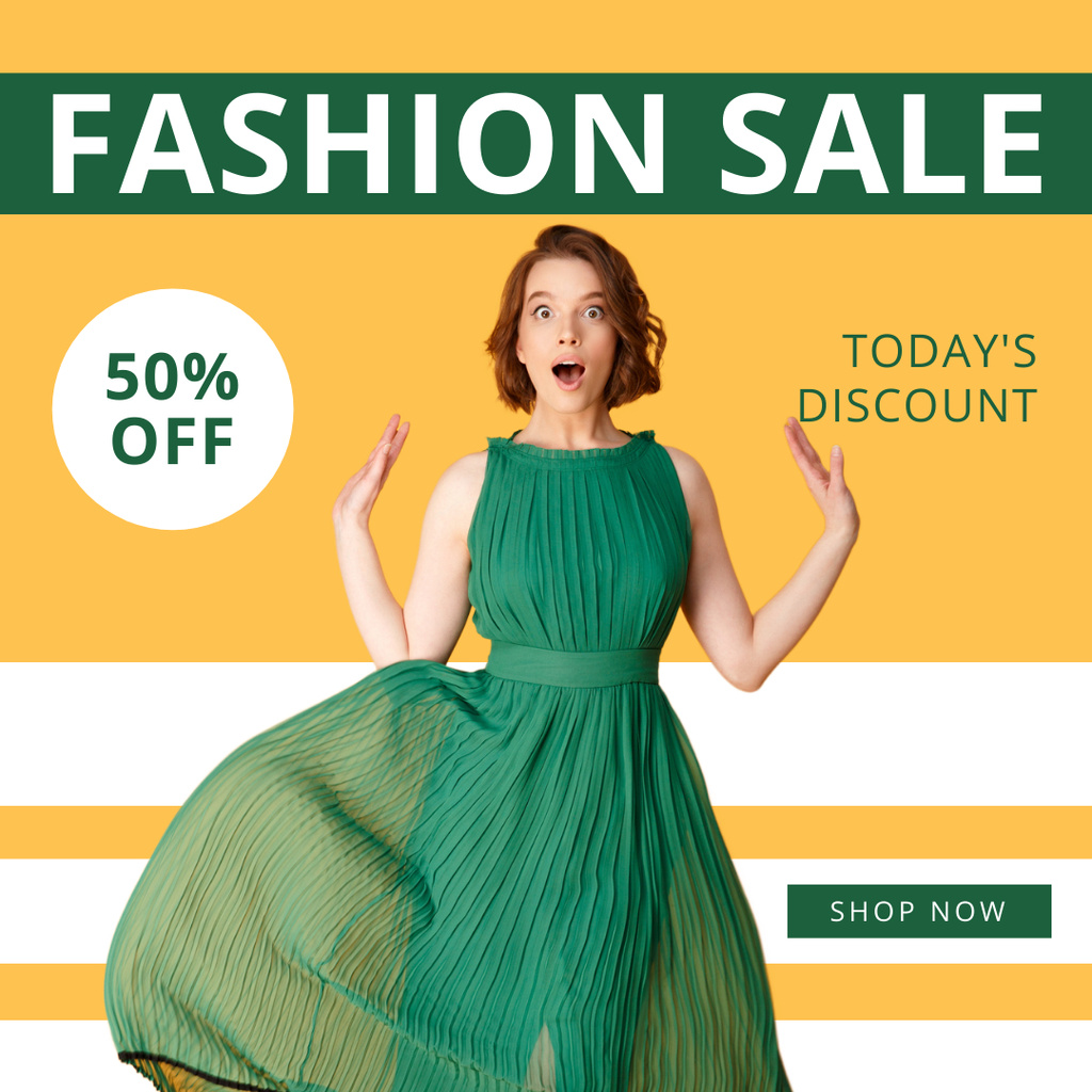 Fashion Sale with Discount with Woman in Green Dress Instagram Design Template