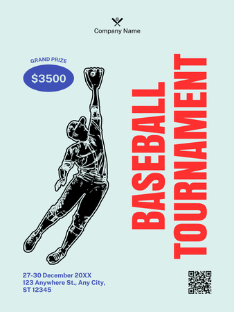 Designvorlage Baseball-Turnierankündigung mit professionellem Spieler in Aktion für Poster US