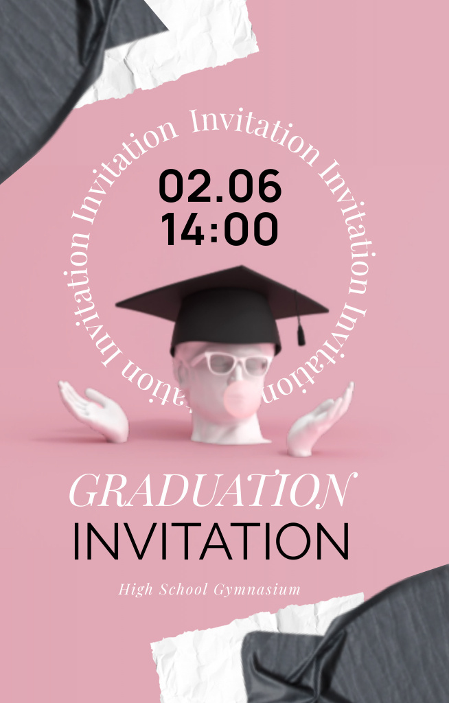 Graduation Party With Statue In Hat in Pink Invitation 4.6x7.2in Design Template