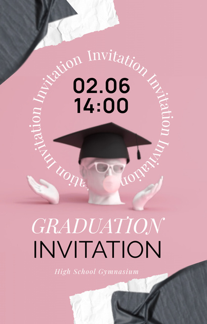 Graduation Party With Statue In Hat in Pink Invitation 4.6x7.2inデザインテンプレート